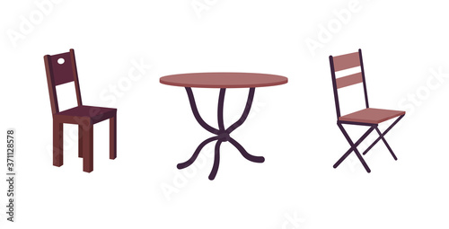 Contemporary cafe furniture flat color vector object set. Modern chair and round desk. Restaurant interior furnishing isolated cartoon illustration for web graphic design and animation collection