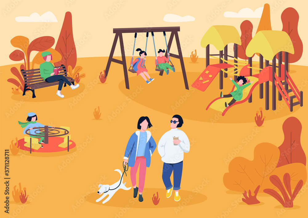 Obraz premium Autumn playpark with visitors flat color vector illustration. People spending leisure time outdoors. Children recreation area. Autumn recreational zone 2D cartoon characters with trees on background