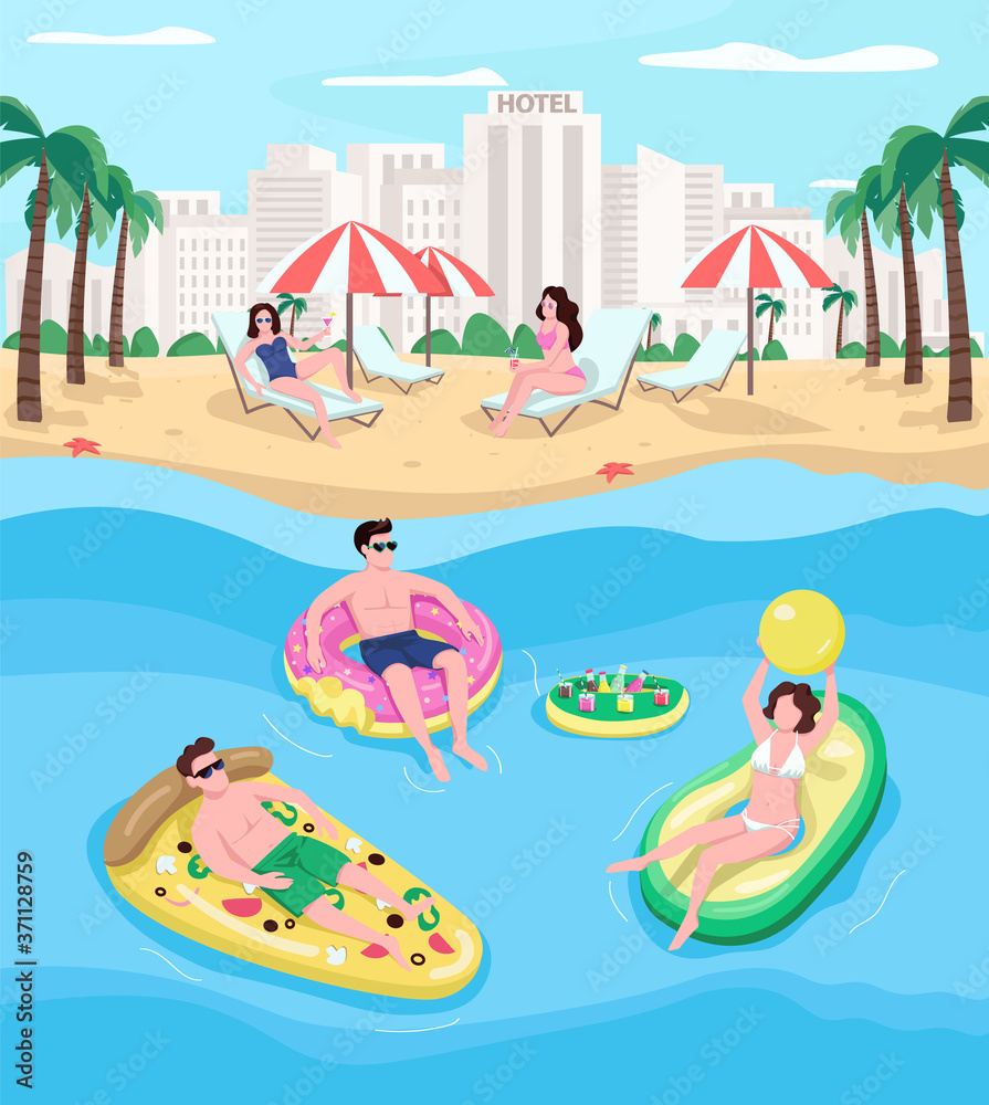 People resting at seaside resort flat color vector illustration. Students relaxing on inflatables. Summertime vacations. Spring break 2D cartoon characters with cityscape on background