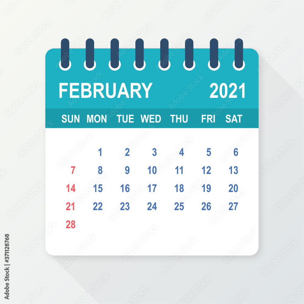 February 2021 Calendar Leaf. Calendar 2021 in flat style. Vector illustration. February 2021 Calendar Leaf. Calendar 2021 in flat style. Vector illustration.