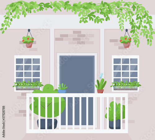 Windowsill urban garden flat color vector illustration. Potted and hanging houseplants outside building apartment. Home plant cultivation 2D cartoon exterior with building wall on background