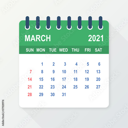 March 2021 Calendar Leaf. Calendar 2021 in flat style. Vector illustration.