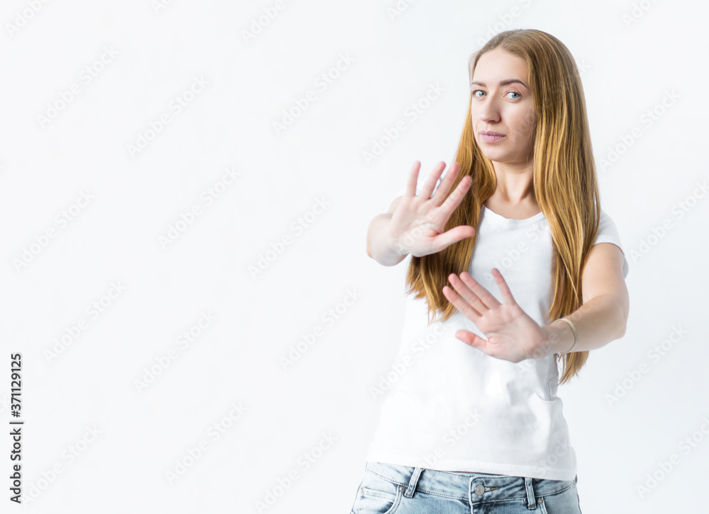 Woman making stop gesture with hands isolated on white background. Woman making stop gesture with hands isolated on white background.