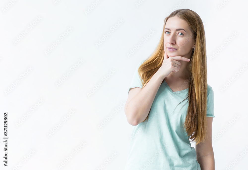 portrait of a young beautiful european girl, isolated on white background, looking directly at the camera as if she is solving some secret plan and is enjoying it portrait of a young beautiful european girl, isolated on white background, looking directly at the camera as if she is solving some secret plan and is enjoying it