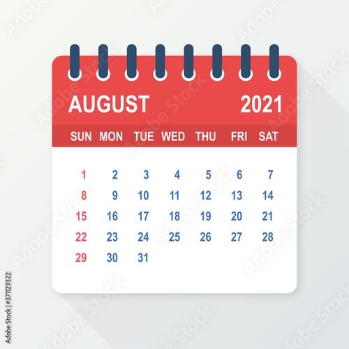 August 2021 Calendar Leaf. Calendar 2021 in flat style. Vector illustration.