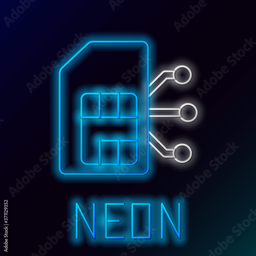 Glowing neon line Sim card icon isolated on black background. Mobile cellular phone sim card chip. Mobile telecommunications technology symbol. Colorful outline concept. Vector.