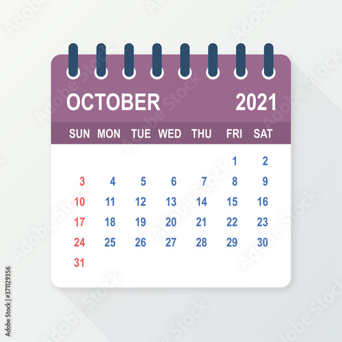 October 2021 Calendar Leaf. Calendar 2021 in flat style. Vector illustration.