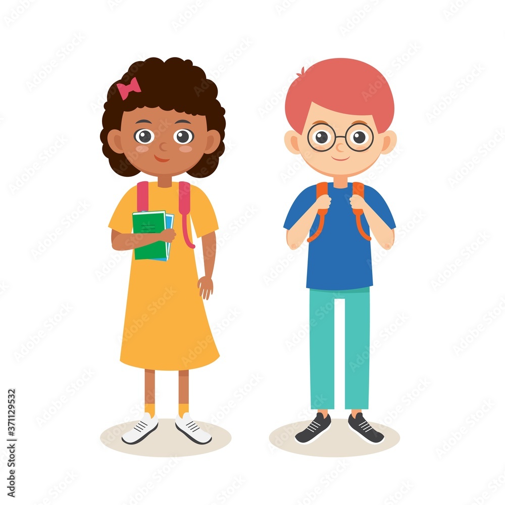School multiethnic cute kids. Boy and girl with backpacks smiling. School multiethnic cute kids. Boy and girl with backpacks smiling.