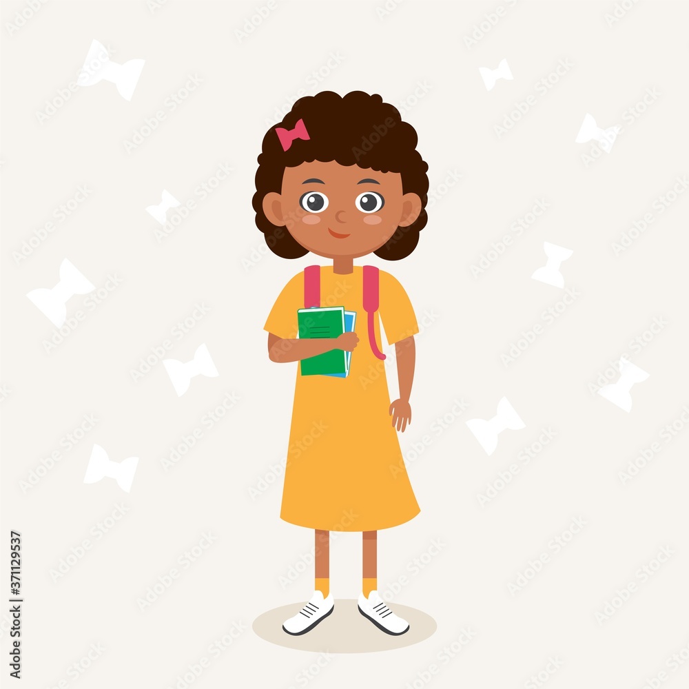 School kid cartoon vector illustration. Little cute girl with backpack and books. School kid cartoon vector illustration. Little cute girl with backpack and books.