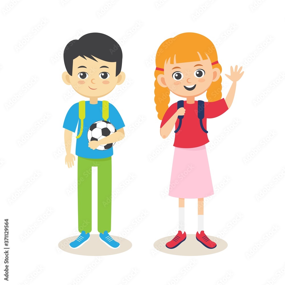 School multiethnic cute kids. Boy and girl with backpacks smiling.