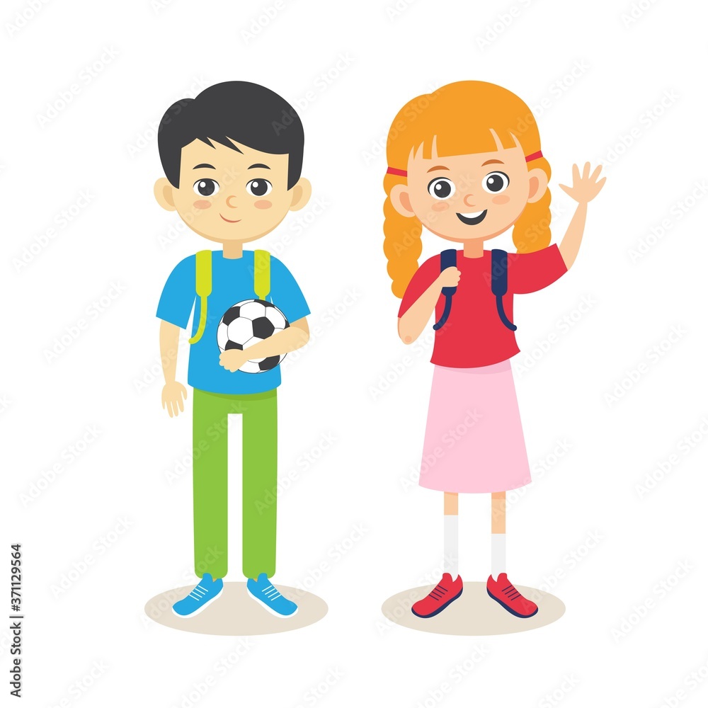 School multiethnic cute kids. Boy and girl with backpacks smiling. School multiethnic cute kids. Boy and girl with backpacks smiling.