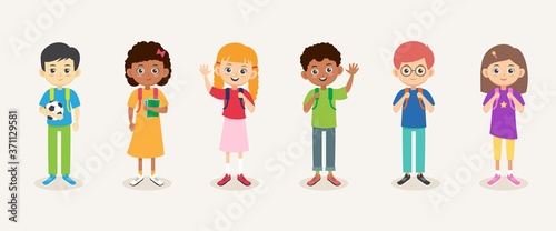 School kids. Children boys and girls with backpacks set. Smiling multiracial pupils