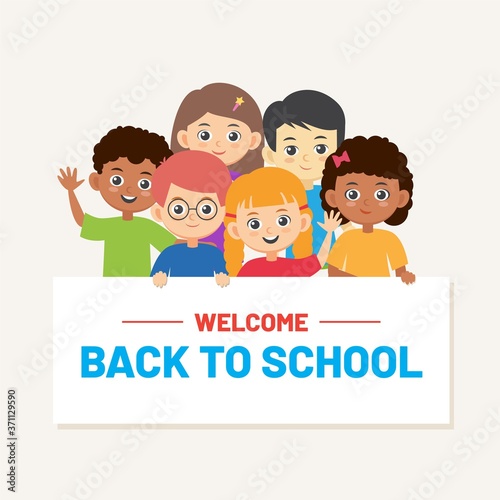Back to school banner with school children boys and girls. Smiling multiracial pupils 
