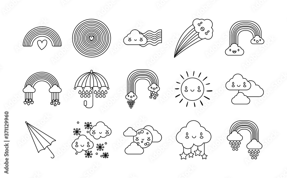 Fototapeta premium bundle of fifteen rainbows and kawaii characters icons