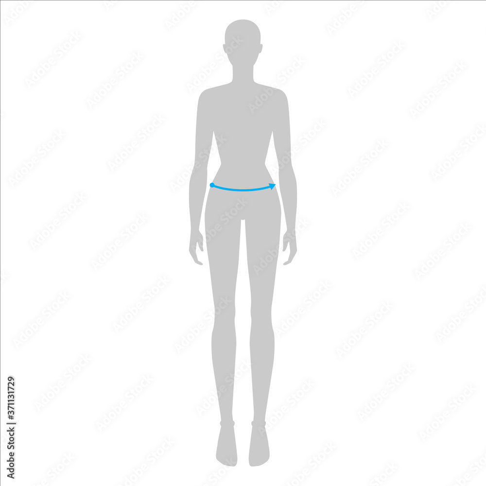 Naklejka premium Women to do lower waist measurement fashion Illustration for size chart. 7.5 head size girl for site or online shop. Human body infographic template for clothes. 