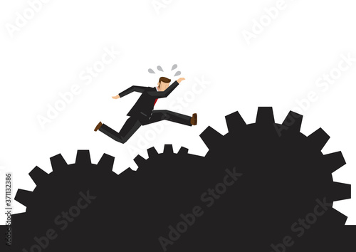 Businessman running on the rocky path making up of gears. Concept of motivation, overcoming risk, challenge or corporate problem. Vector illustration