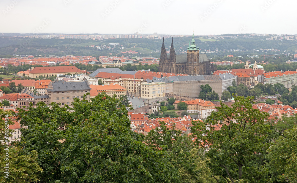 Prague, Czech Republic on july 8, 2020; Prague cityscape. Skyline on a rainy day, Czech Republic