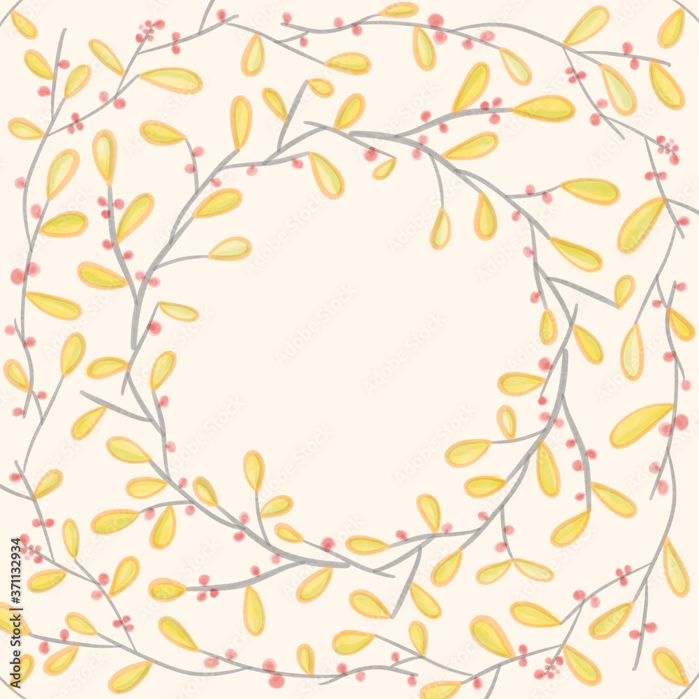 A wreath of branches with berries and leaves painted with watercolor strokes. Copy space inside a round frame. Social media template. A wreath of branches with berries and leaves painted with watercolor strokes. Copy space inside a round frame. Social media template.