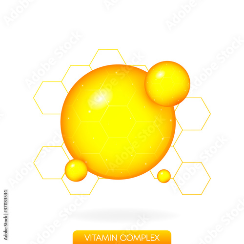 Golden a drop vitamin on white background. Realistic object. Isolated background. Vector design illustration.