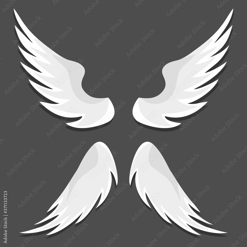 Obraz premium Angel wings, white angel wings isolated on black background. Vector, cartoon illustration.