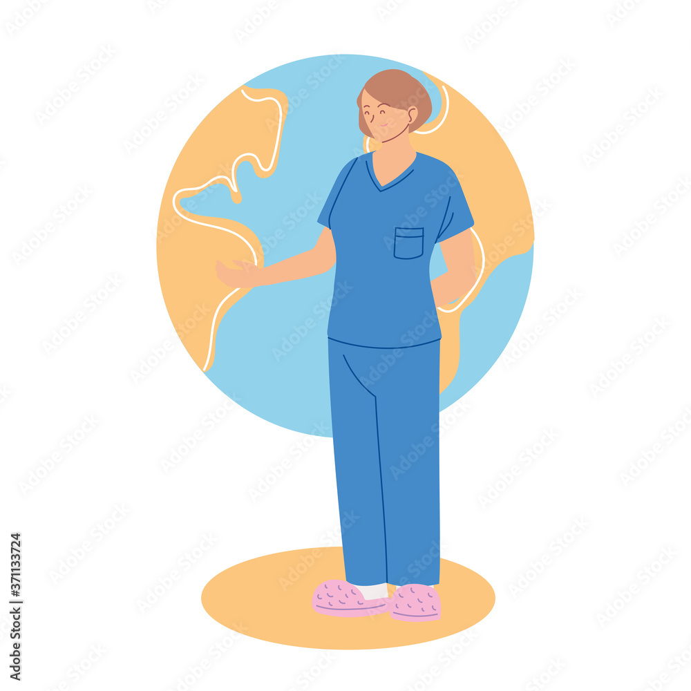 woman doctor with uniform in front of world sphere vector design woman doctor with uniform in front of world sphere vector design
