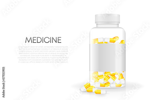 3d bottle with pill mock up on white backdrop. Isolated 3d vector. White background. Realistic 3d objects. Vector illustration.