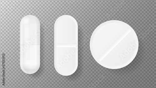3d pack with pill mock up on white backdrop. Isolated 3d vector. White background. Realistic 3d objects. Vector illustration.