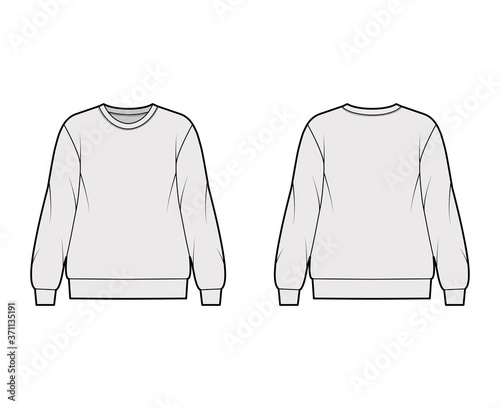 Cotton-terry oversized sweatshirt technical fashion illustration with relaxed fit, crew neckline, long sleeves. Flat outwear jumper apparel template front, back, grey color. Women, men, unisex top CAD