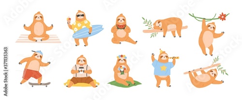 Collection of funny lazy playing sloth with coffee and in clothes. Animal character sleeping, napping or hanging in jungle. Summer relaxing flat vector cartoon illustration isolated on white