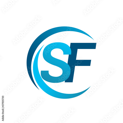 initial letter SF logotype company name blue circle and swoosh design. vector logo for business and company identity.