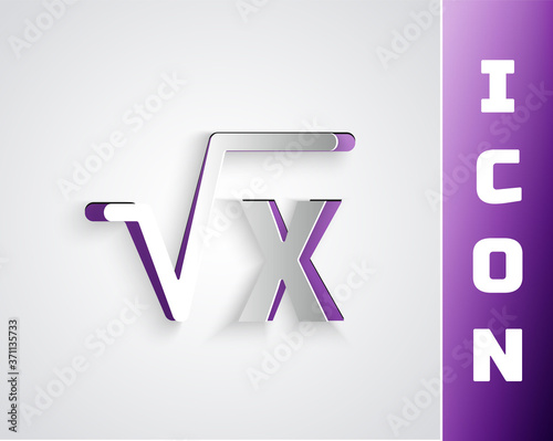 Paper cut Square root of x glyph icon isolated on grey background. Mathematical expression. Paper art style. Vector.