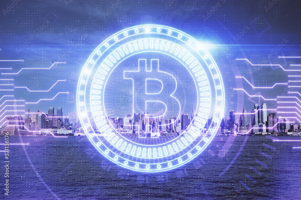 Obraz premium Double exposure of crypto currency theme hologram drawing and city veiw background. Concept of blockchain and bitcoin.