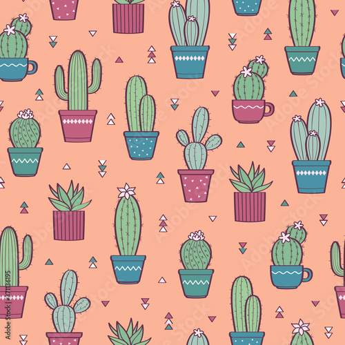 Cute seamless pattern with various hand-drawn cactuses in flowerpots. Vector colorful background