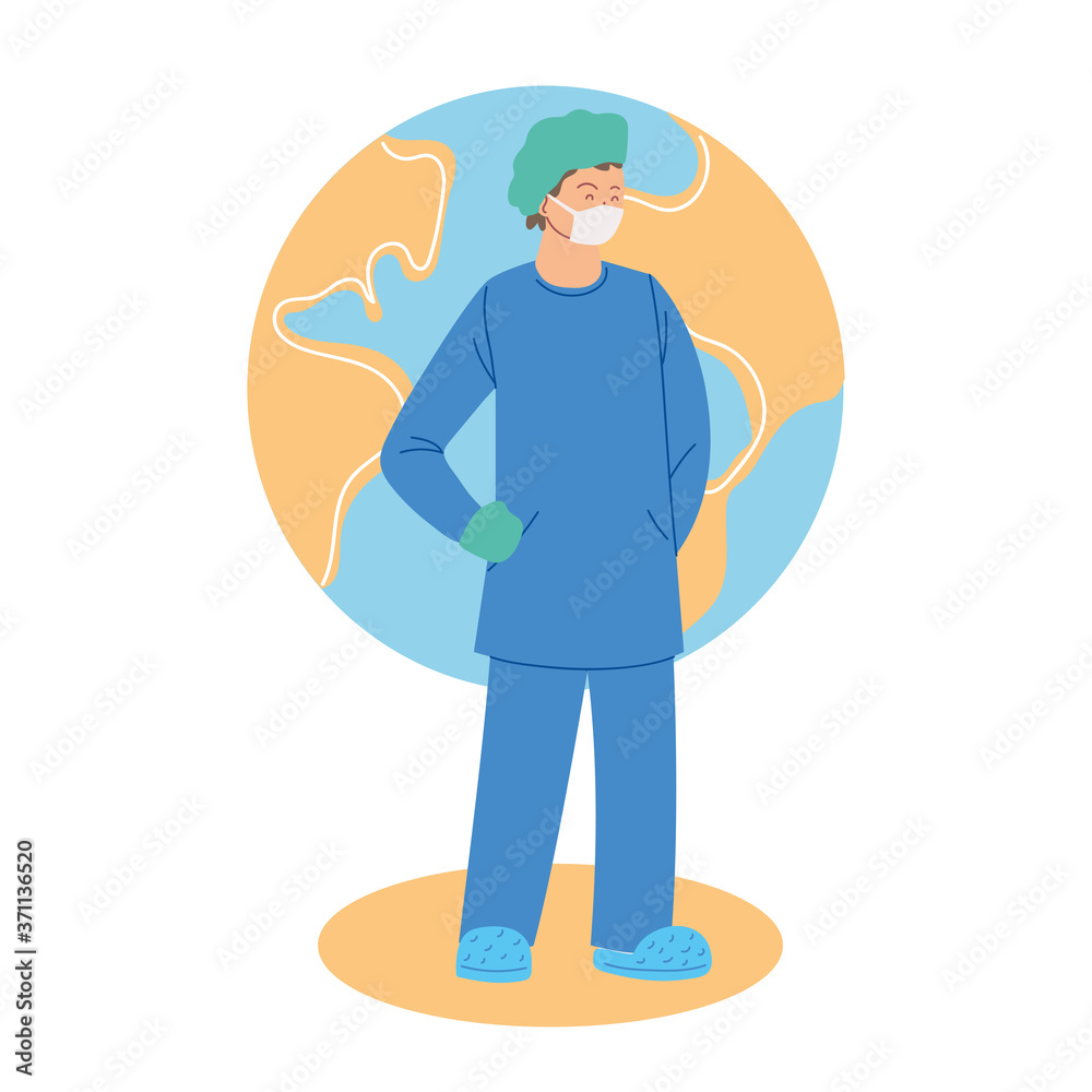 man doctor with mask and uniform in front of world sphere vector design