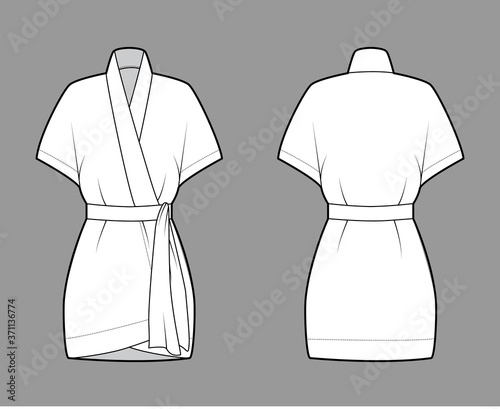 Kimono technical fashion illustration with short batwing sleeves, belt to cinch the waist, above-the-knee length. Flat apparel blouse template front back white color. Women men unisex shirt CAD mockup