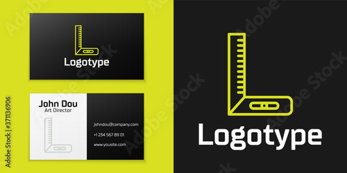 Logotype line Corner ruler icon isolated on black background. Setsquare, angle ruler, carpentry, measuring utensil, scale. Logo design template element. Vector Illustration.