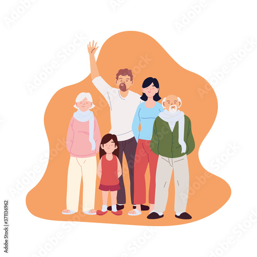 Mother father and daughter with grandparents cartoons vector design