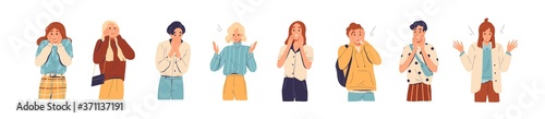 Set of amazed, surprised young people. Young man and woman with open mouths and excited reactions. Wow effect. Happy, glad teenagers. Flat vector cartoon illustration isolated on white background