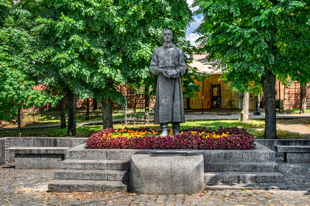 Kharkiv, Ukraine - July 20, 2020: Monument to Grigory Skovoroda in the Soborny (Cathedral) Public Garden in Kharkov. Statue of the famous Ukrainian philosopher Gregory Skovoroda (Hryhorii Skovoroda)