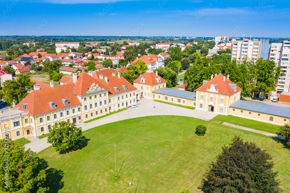 Obraz premium Croatia, aerial view of the old town of Vukovar, city museum in old castle in park, classic historic architecture and down town horizon