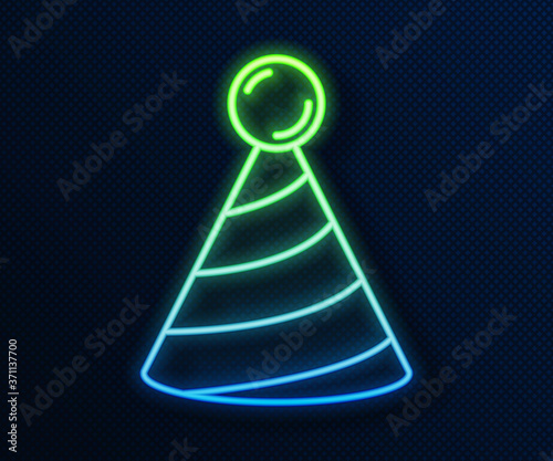 Glowing neon line Party hat icon isolated on blue background. Birthday hat. Vector.