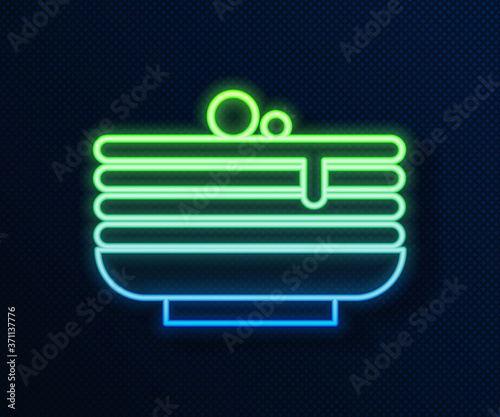Glowing neon line Stack of pancakes icon isolated on blue background. Baking with syrup and cherry. Breakfast concept. Vector.