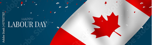 Labour Day banner or header. Canadian red and white bunting flag background. Canada national workers holiday concept. Vector illustration.
