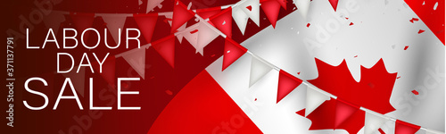 Canada Labour Day sale banner or header. Canadian red and white bunting flag background. National workers holiday concept. Vector illustration.