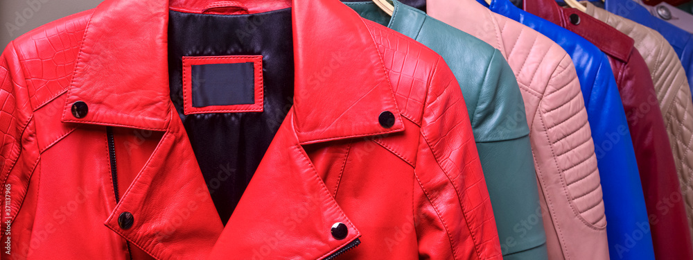 New collection of different color spring leather jackets for women. Colorful  background of modern outerwear. Stock Photo | Adobe Stock