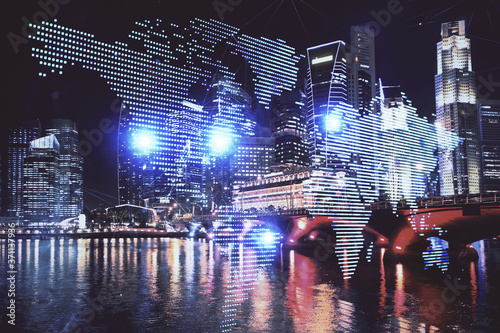 Photography Multi exposure of social network theme drawing and cityscape background