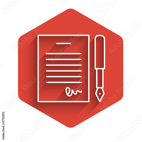 White line Marriage contract icon isolated with long shadow. Wedding certificate. Red hexagon button. Vector.