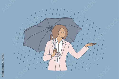 Business, safety, water, rain concept. Young happy miling african american businesswoman clerk manager cartoon character standing nder umbrella when raining. Protection from bad weather illustration.