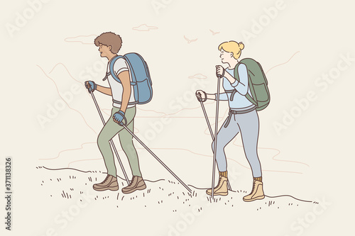 Travelling, tourism, mountaineering, activity, adventure concept. Young african american man and woman tourists characters couple hiking in mountains together. Active summer recreation illustration.