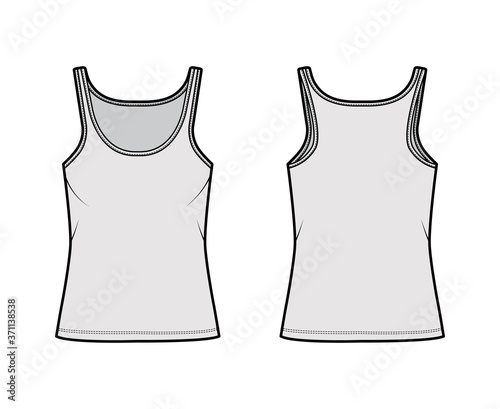 Cotton-jersey tank technical fashion illustration with scoop neck, relaxed fit, tunic length. Flat outwear basic camisole apparel template front back grey color. Women men unisex shirt top CAD mockup